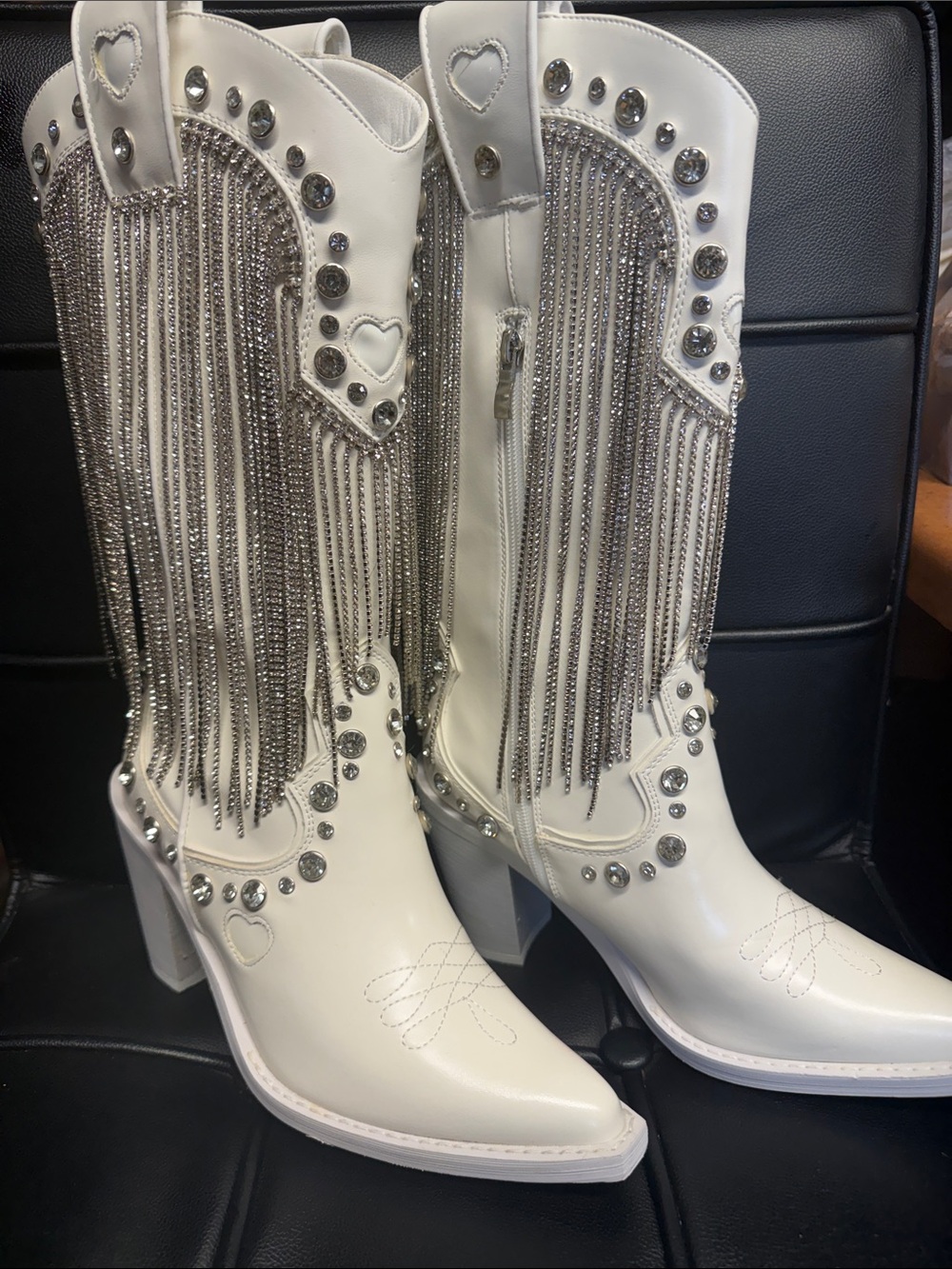 (Green) Dolls Kill White Tassel Fringe Western Boots with Crystal Studs